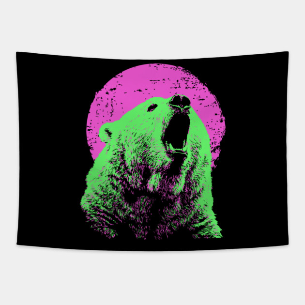 Roaring Grizzly Bear Japanese Art | Neon Pink & Green Ukiyo-e Style Tapestry by TuncGK
