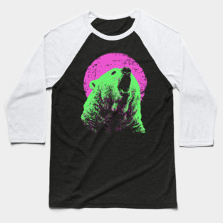 Roaring Grizzly Bear Japanese Art | Neon Pink & Green Ukiyo-e Style Baseball T-Shirt