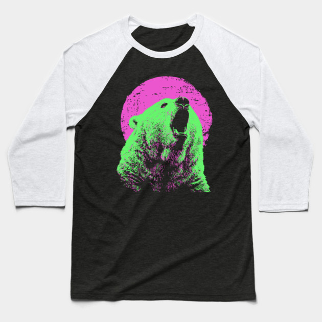 Roaring Grizzly Bear Japanese Art | Neon Pink & Green Ukiyo-e Style Baseball T-Shirt by TuncGK