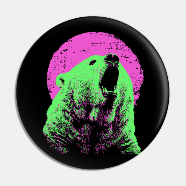 Roaring Grizzly Bear Japanese Art | Neon Pink & Green Ukiyo-e Style Pin by TuncGK