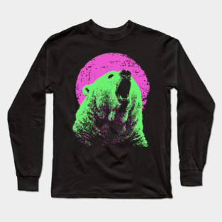 Roaring Grizzly Bear Japanese Art | Neon Pink & Green Ukiyo-e Style Long Sleeve T-Shirt
