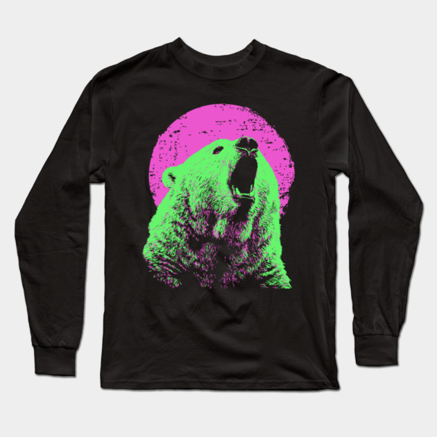 Roaring Grizzly Bear Japanese Art | Neon Pink & Green Ukiyo-e Style Long Sleeve T-Shirt by TuncGK