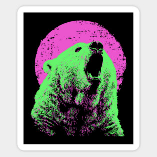 Roaring Grizzly Bear Japanese Art | Neon Pink & Green Ukiyo-e Style Sticker