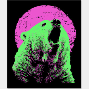 Roaring Grizzly Bear Japanese Art | Neon Pink & Green Ukiyo-e Style Posters and Art