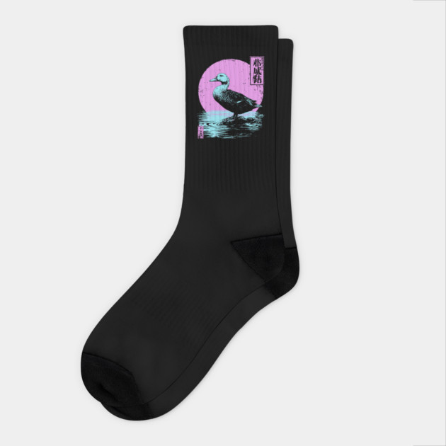 Serene Duck Japanese Art | Pink Moon Water Ukiyo-e Style Socks by TuncGK