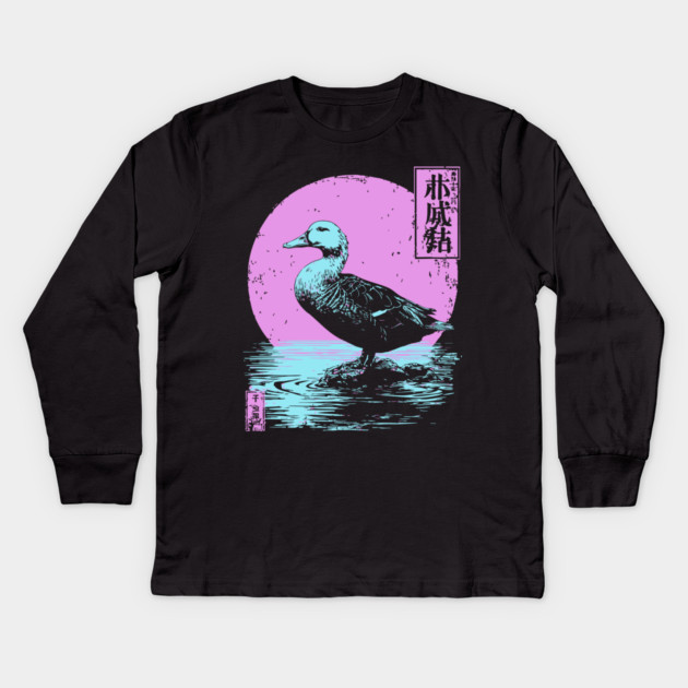 Serene Duck Japanese Art | Pink Moon Water Ukiyo-e Style Kids Long Sleeve T-Shirt by TuncGK