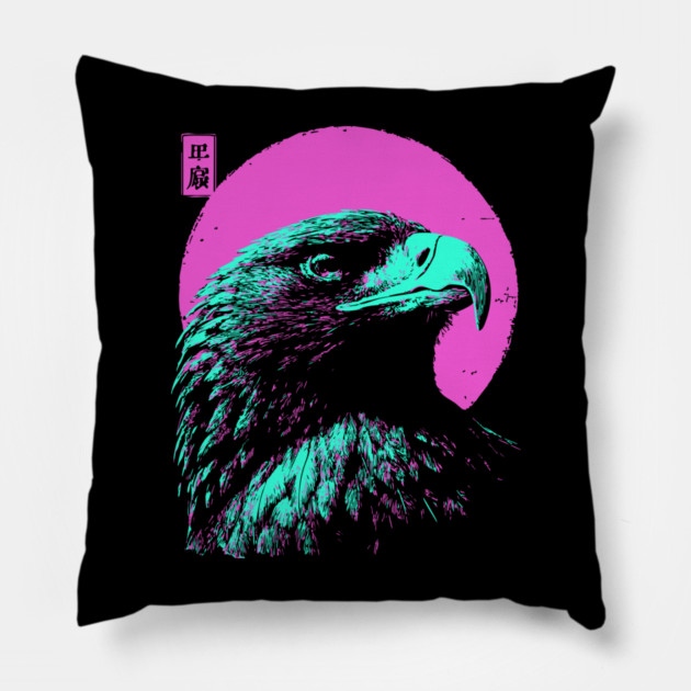 Majestic Eagle Head Japanese Art | Teal & Pink Ukiyo-e Style Pillow by TuncGK