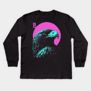 Majestic Eagle Head Japanese Art | Teal & Pink Ukiyo-e Style Kids Long Sleeve T-Shirt
