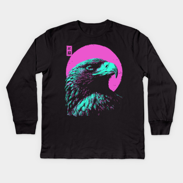 Majestic Eagle Head Japanese Art | Teal & Pink Ukiyo-e Style Kids Long Sleeve T-Shirt by TuncGK