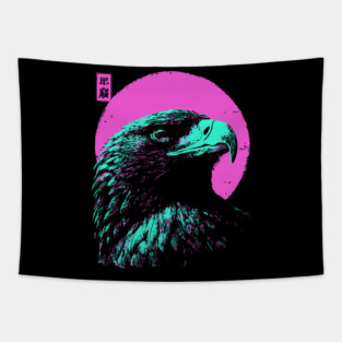 Majestic Eagle Head Japanese Art | Teal & Pink Ukiyo-e Style Tapestry