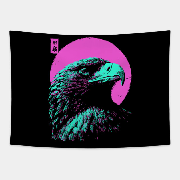 Majestic Eagle Head Japanese Art | Teal & Pink Ukiyo-e Style Tapestry by TuncGK