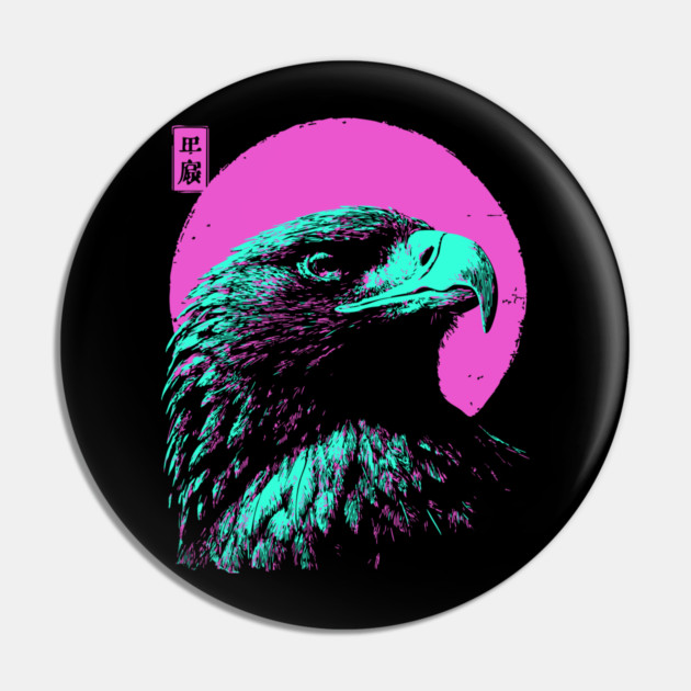 Majestic Eagle Head Japanese Art | Teal & Pink Ukiyo-e Style Pin by TuncGK