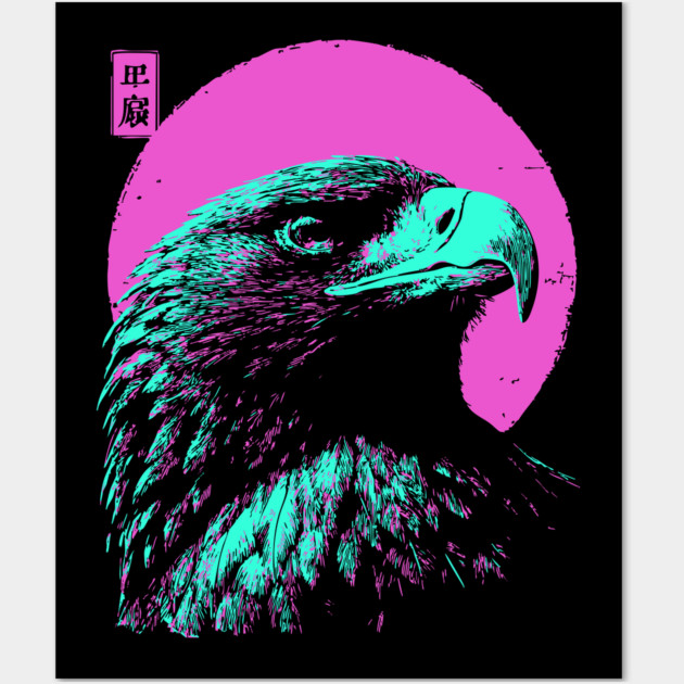Majestic Eagle Head Japanese Art | Teal & Pink Ukiyo-e Style Wall Art by TuncGK
