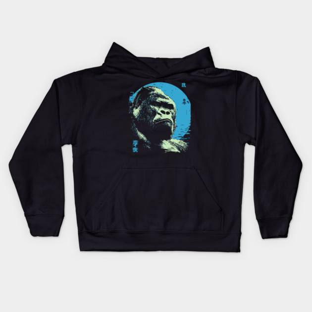 Powerful Gorilla Japanese Art | Blue Moon Ukiyo-e Style Kids Hoodie by TuncGK