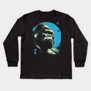 Powerful Gorilla Japanese Art | Blue Moon Ukiyo-e Style Kids Long Sleeve T-Shirt