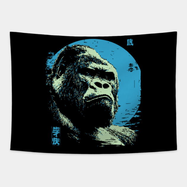 Powerful Gorilla Japanese Art | Blue Moon Ukiyo-e Style Tapestry by TuncGK