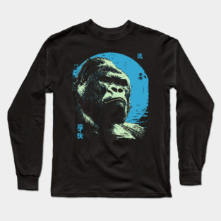 Powerful Gorilla Japanese Art | Blue Moon Ukiyo-e Style Long Sleeve T-Shirt