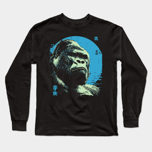 Powerful Gorilla Japanese Art | Blue Moon Ukiyo-e Style Long Sleeve T-Shirt by TuncGK