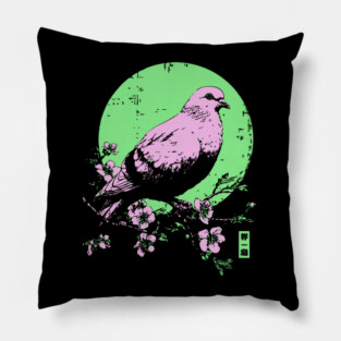 Peaceful Dove Japanese Art | Pink & Green Cherry Blossom Ukiyo-e Style Pillow