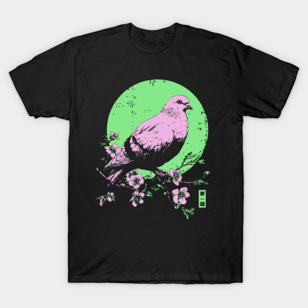 Peaceful Dove Japanese Art | Pink & Green Cherry Blossom Ukiyo-e Style T-Shirt by TuncGK