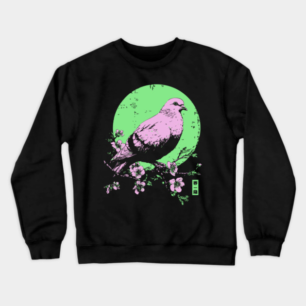 Peaceful Dove Japanese Art | Pink & Green Cherry Blossom Ukiyo-e Style Crewneck Sweatshirt by TuncGK
