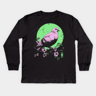 Peaceful Dove Japanese Art | Pink & Green Cherry Blossom Ukiyo-e Style Kids Long Sleeve T-Shirt
