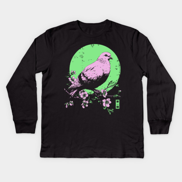 Peaceful Dove Japanese Art | Pink & Green Cherry Blossom Ukiyo-e Style Kids Long Sleeve T-Shirt by TuncGK