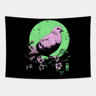Peaceful Dove Japanese Art | Pink & Green Cherry Blossom Ukiyo-e Style Tapestry
