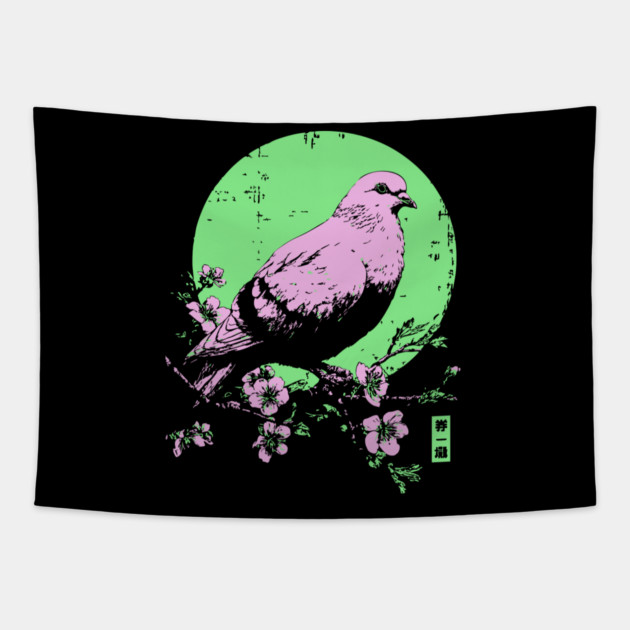 Peaceful Dove Japanese Art | Pink & Green Cherry Blossom Ukiyo-e Style Tapestry by TuncGK