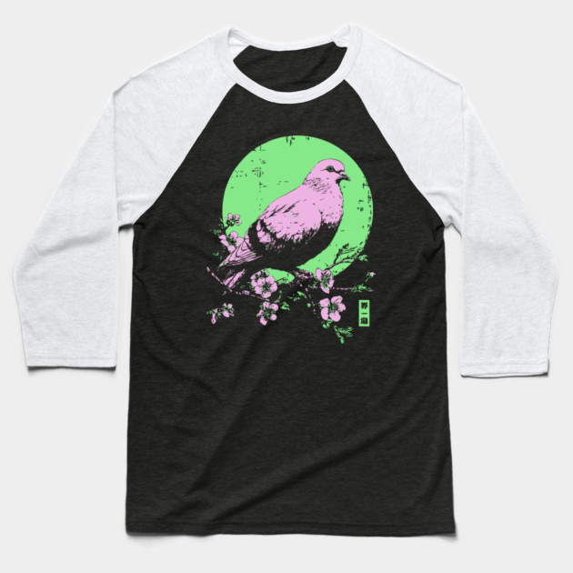 Peaceful Dove Japanese Art | Pink & Green Cherry Blossom Ukiyo-e Style Baseball T-Shirt by TuncGK
