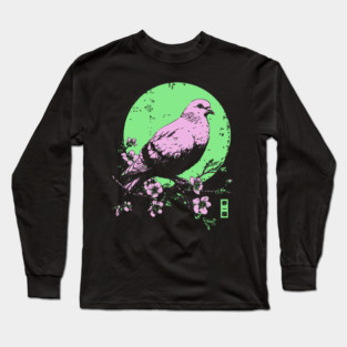 Peaceful Dove Japanese Art | Pink & Green Cherry Blossom Ukiyo-e Style Long Sleeve T-Shirt
