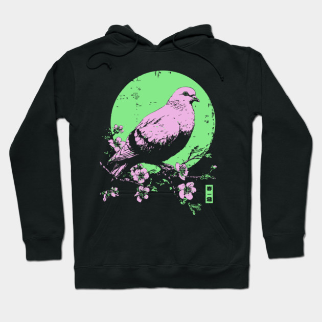 Peaceful Dove Japanese Art | Pink & Green Cherry Blossom Ukiyo-e Style Hoodie by TuncGK