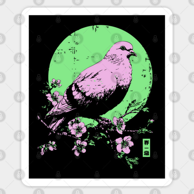 Peaceful Dove Japanese Art | Pink & Green Cherry Blossom Ukiyo-e Style Sticker by TuncGK