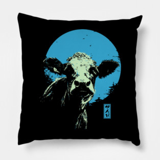 Cute Cow Calf Japanese Art | Blue & Green Farm Ukiyo-e Style Pillow