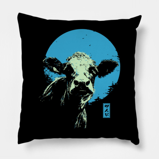 Cute Cow Calf Japanese Art | Blue & Green Farm Ukiyo-e Style Pillow by TuncGK