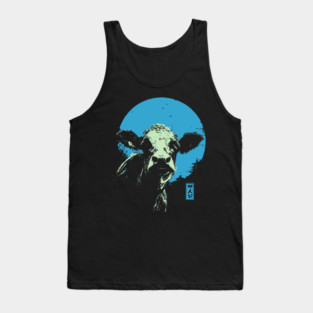 Cute Cow Calf Japanese Art | Blue & Green Farm Ukiyo-e Style Tank Top