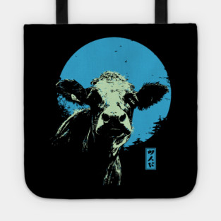 Cute Cow Calf Japanese Art | Blue & Green Farm Ukiyo-e Style Tote