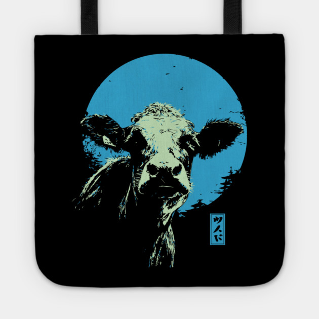 Cute Cow Calf Japanese Art | Blue & Green Farm Ukiyo-e Style Tote by TuncGK