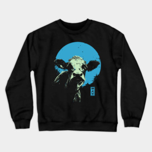 Cute Cow Calf Japanese Art | Blue & Green Farm Ukiyo-e Style Crewneck Sweatshirt