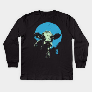 Cute Cow Calf Japanese Art | Blue & Green Farm Ukiyo-e Style Kids Long Sleeve T-Shirt