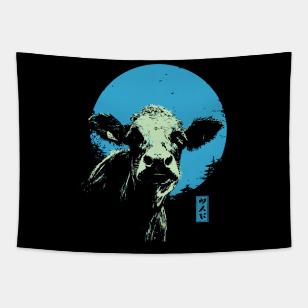 Cute Cow Calf Japanese Art | Blue & Green Farm Ukiyo-e Style Tapestry by TuncGK