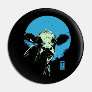 Cute Cow Calf Japanese Art | Blue & Green Farm Ukiyo-e Style Pin