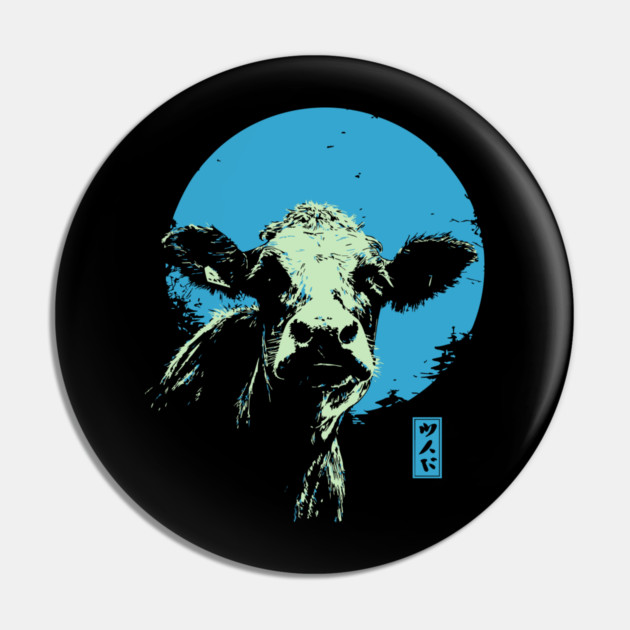 Cute Cow Calf Japanese Art | Blue & Green Farm Ukiyo-e Style Pin by TuncGK
