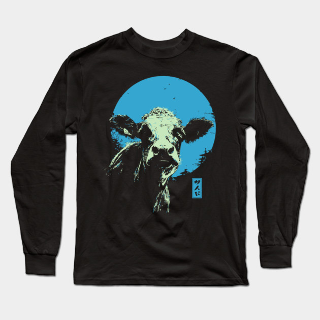 Cute Cow Calf Japanese Art | Blue & Green Farm Ukiyo-e Style Long Sleeve T-Shirt by TuncGK