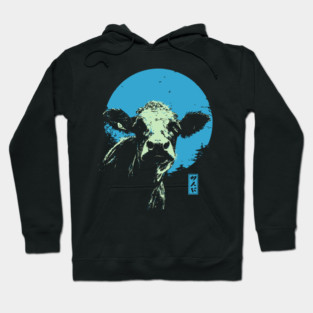Cute Cow Calf Japanese Art | Blue & Green Farm Ukiyo-e Style Hoodie