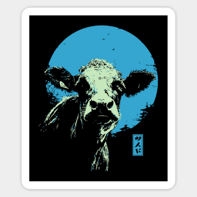 Cute Cow Calf Japanese Art | Blue & Green Farm Ukiyo-e Style Magnet by TuncGK