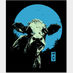 Cute Cow Calf Japanese Art | Blue & Green Farm Ukiyo-e Style Posters and Art
