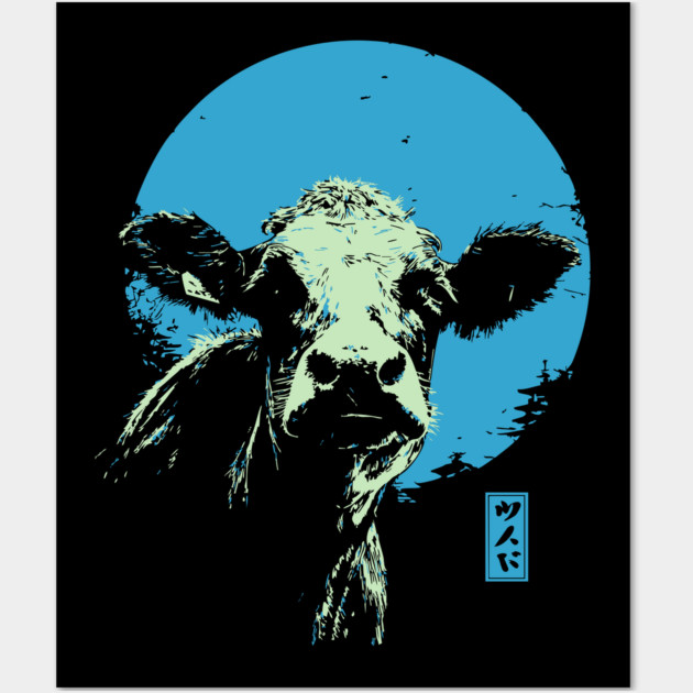 Cute Cow Calf Japanese Art | Blue & Green Farm Ukiyo-e Style Wall Art by TuncGK