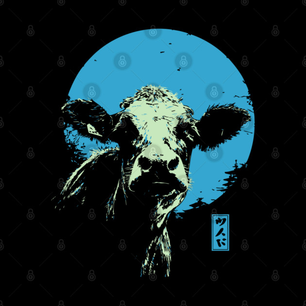 Cute Cow Calf Japanese Art | Blue & Green Farm Ukiyo-e Style by TuncGK