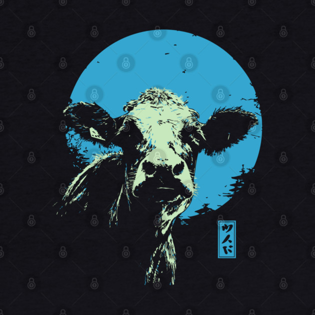 Cute Cow Calf Japanese Art | Blue & Green Farm Ukiyo-e Style by TuncGK